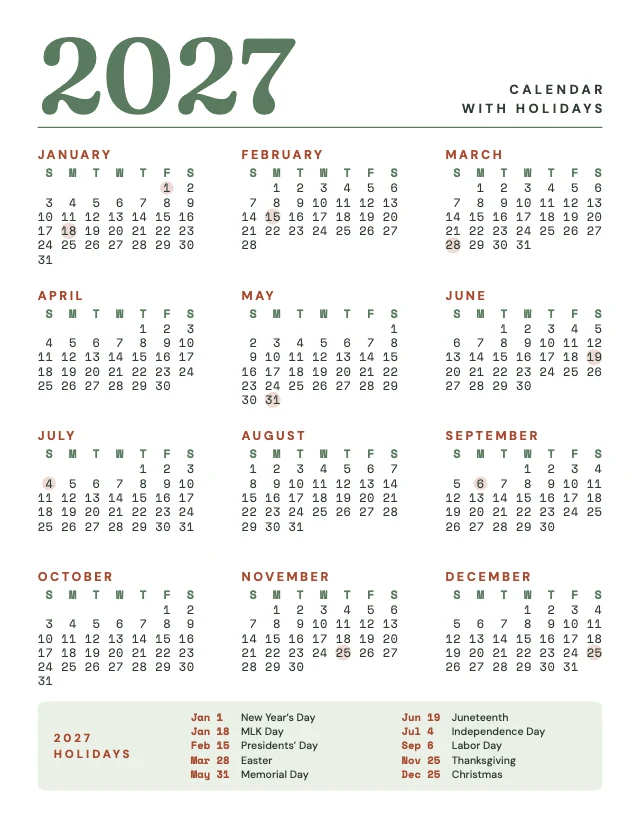 2027 calendar with holidays template