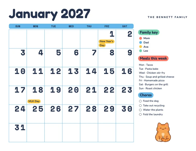 2027 family calendar template, page 2 of 2