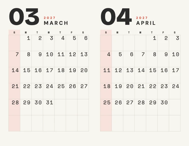 2027 monthly calendar template, page 2 of 6