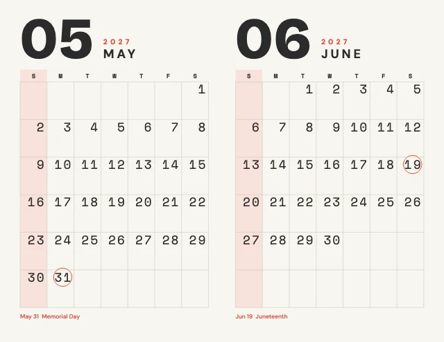 2027 monthly calendar template, page 3 of 6