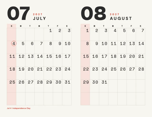 2027 monthly calendar template, page 4 of 6