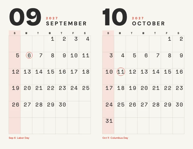 2027 monthly calendar template, page 5 of 6