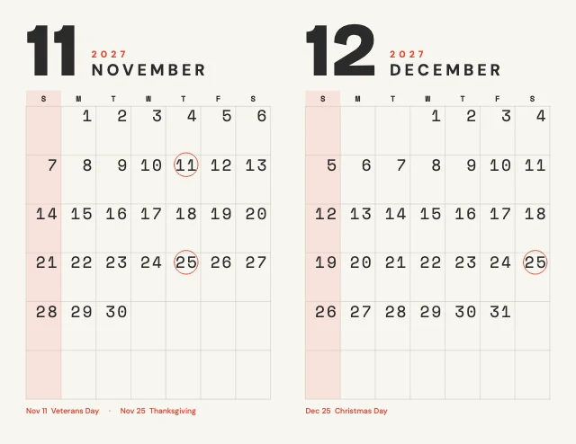 2027 monthly calendar template, page 6 of 6
