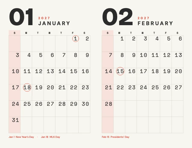 2027 monthly calendar template