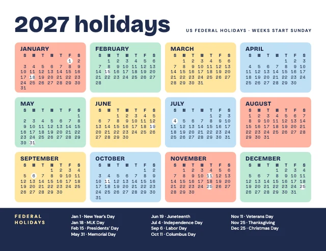 2027 US holidays calendar template