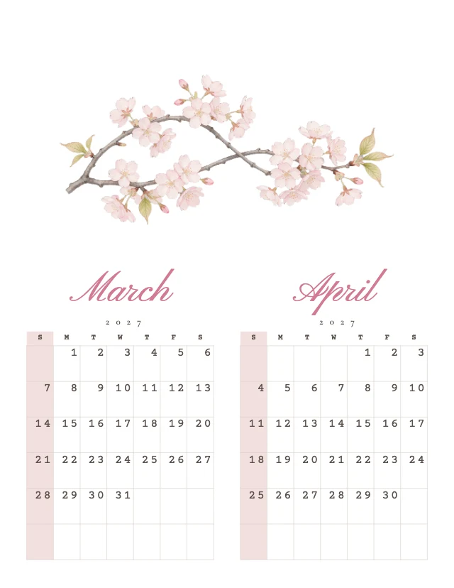 2027 watercolor wall calendar template, page 2 of 6