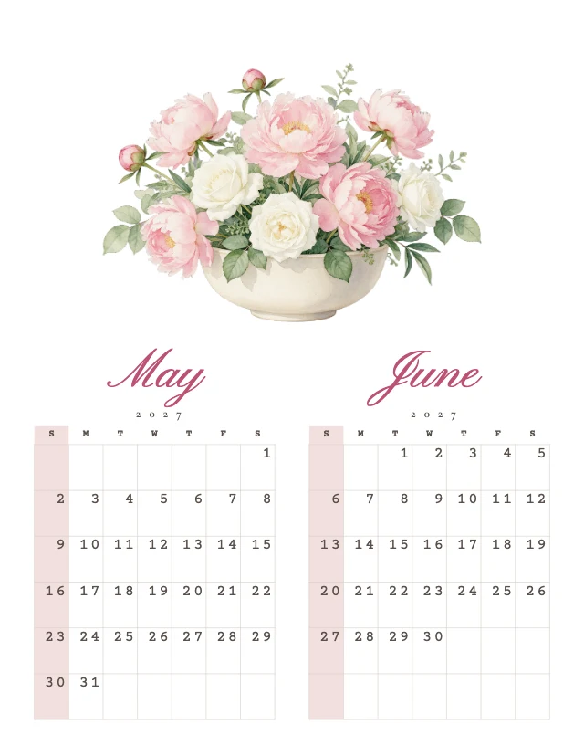 2027 watercolor wall calendar template, page 3 of 6