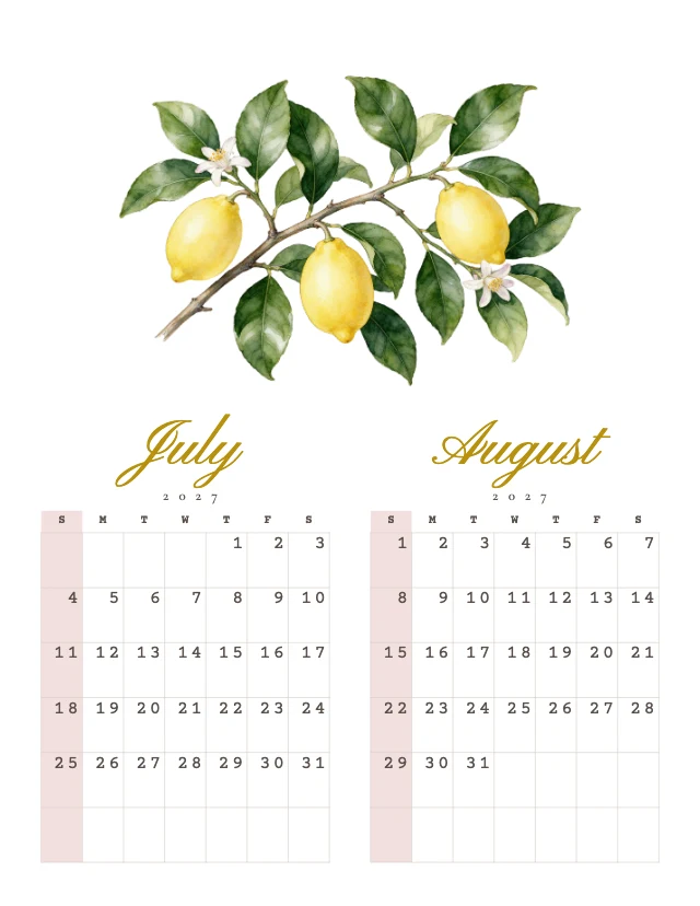 2027 watercolor wall calendar template, page 4 of 6
