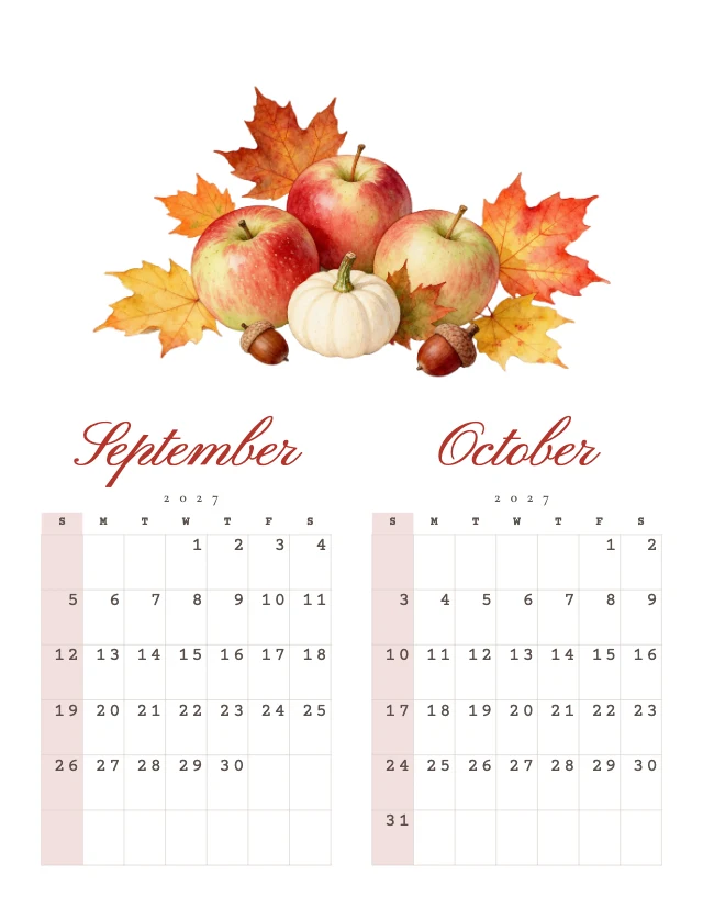 2027 watercolor wall calendar template, page 5 of 6