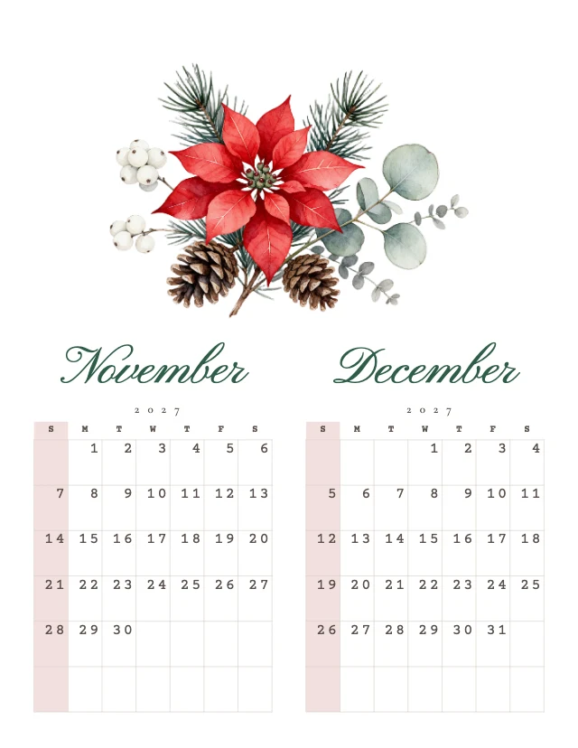 2027 watercolor wall calendar template, page 6 of 6