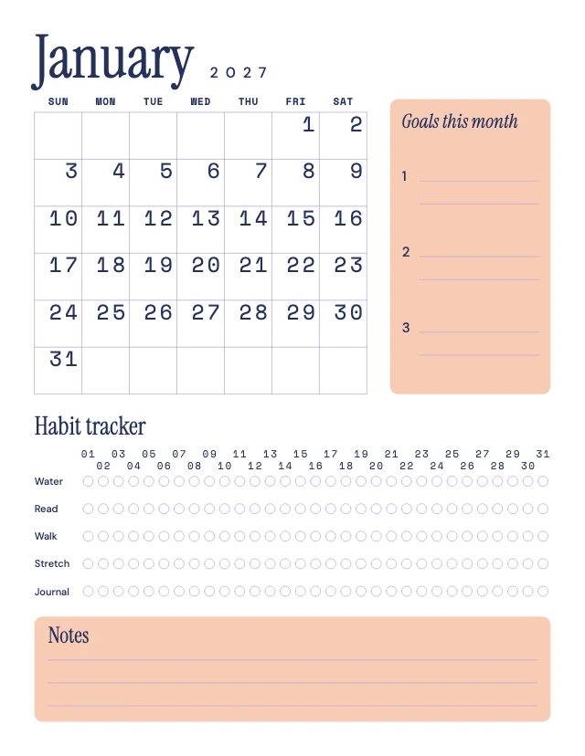 2027 weekly planner template, page 2 of 6