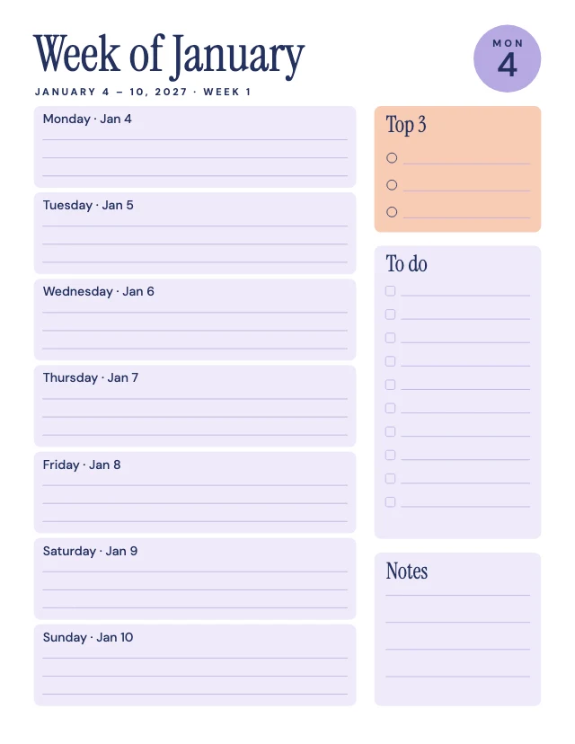 2027 weekly planner template, page 3 of 6