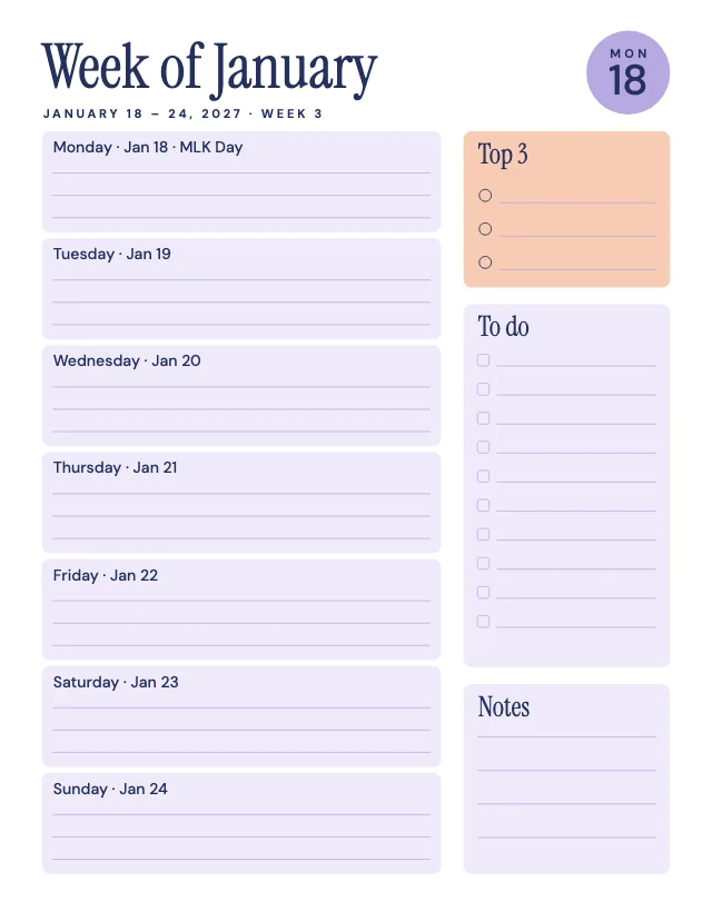2027 weekly planner template, page 5 of 6