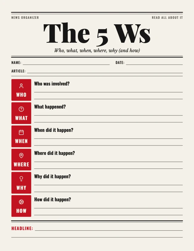 5W chart graphic organizer template