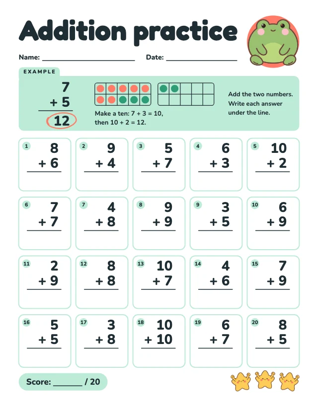 Addition practice worksheet template