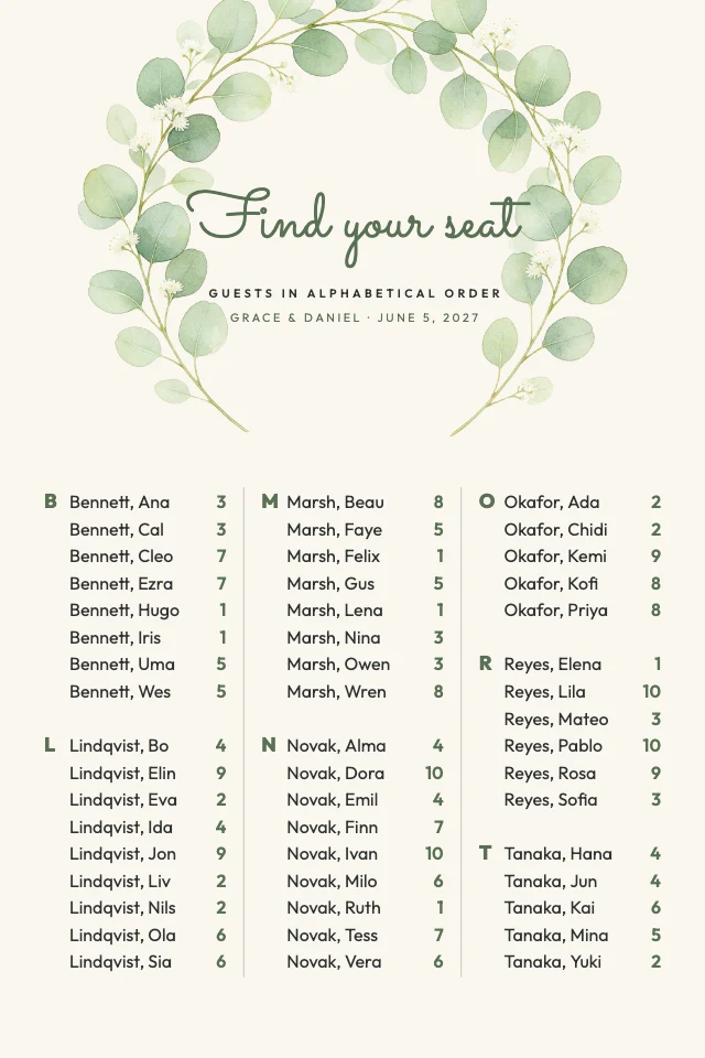 Alphabetical wedding seating chart template