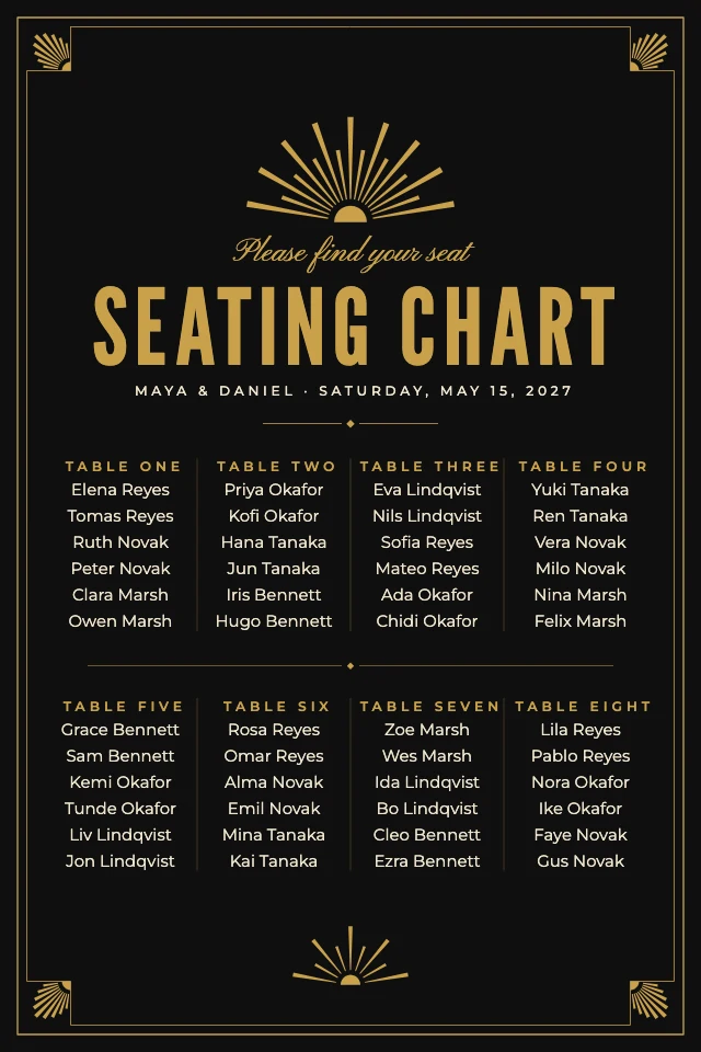 Art Deco wedding seating chart template
