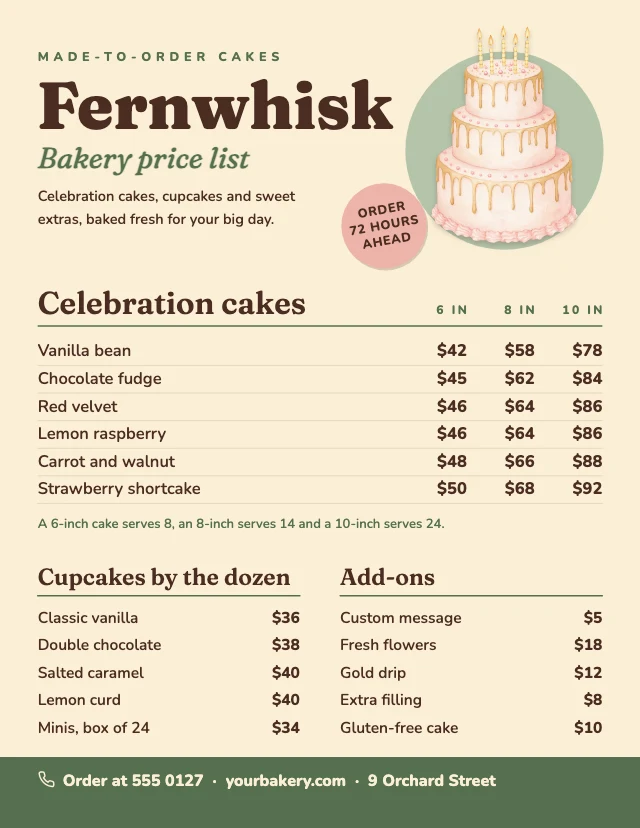 Cake price list template