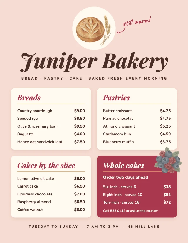 Bakery menu template
