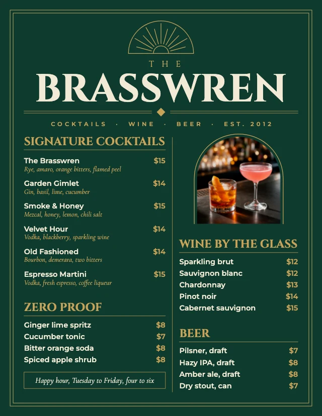 Bar drinks menu template