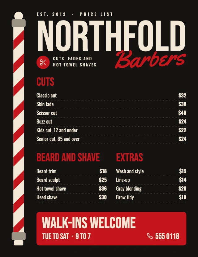 Barber shop price list template