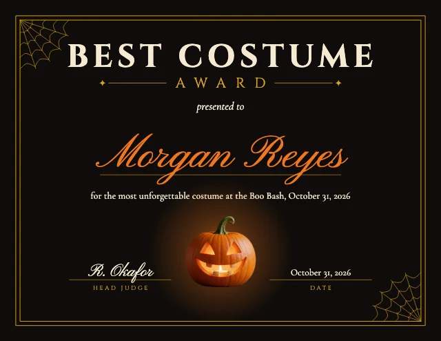 Best costume award certificate template