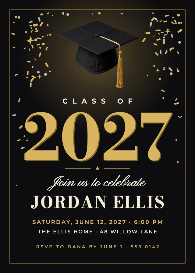 Black and gold graduation party invitation template