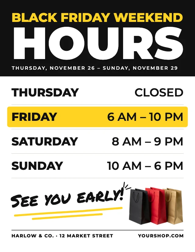 Black Friday store hours sign template