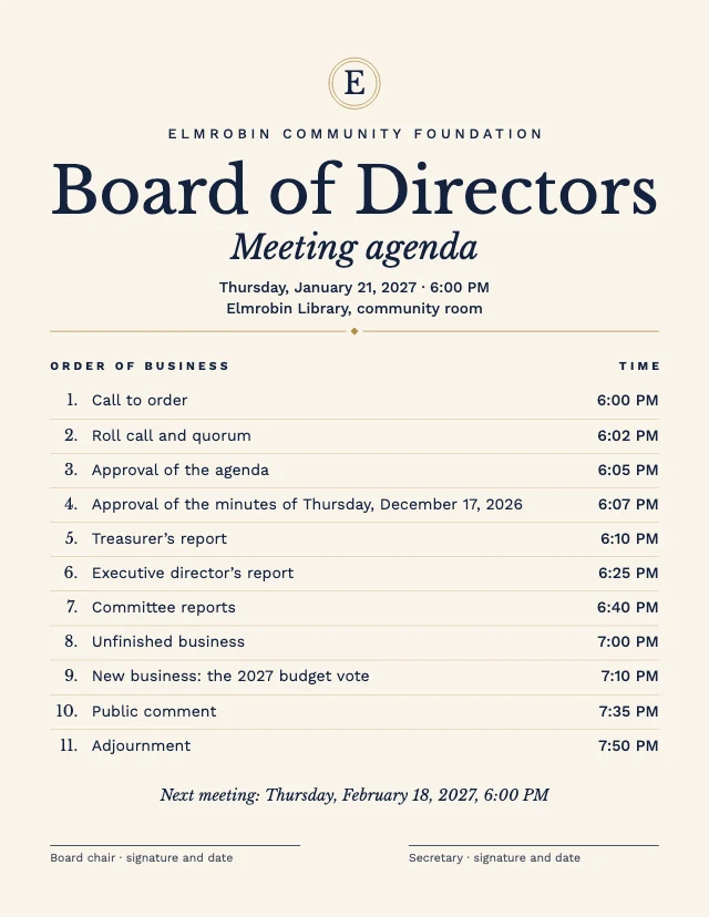 Board meeting agenda template