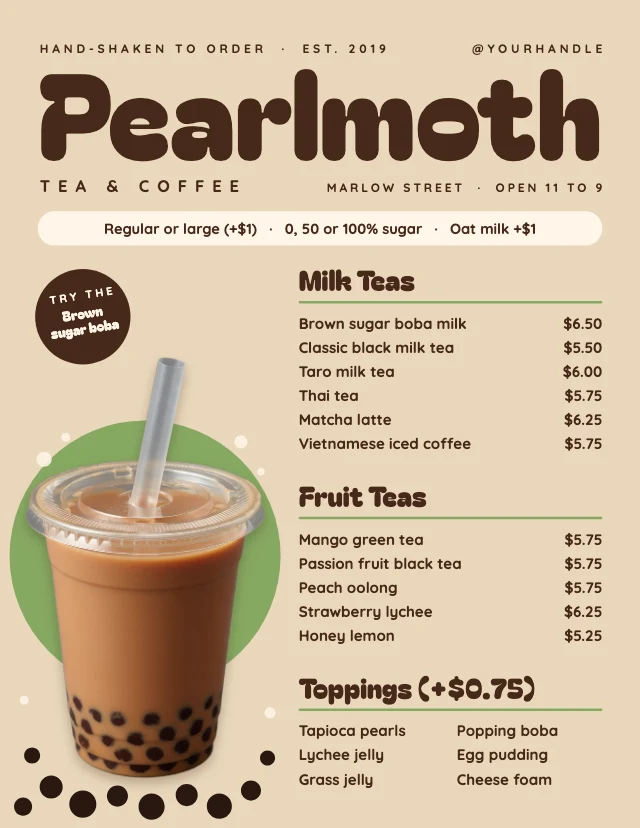 Boba tea menu template