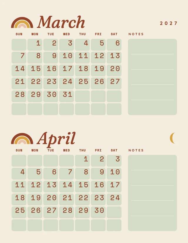 Boho 2027 calendar template, page 2 of 6