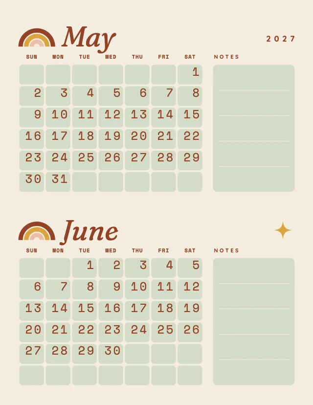 Boho 2027 calendar template, page 3 of 6