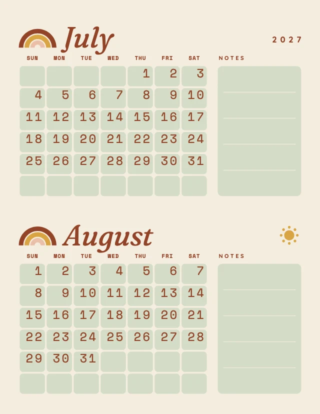 Boho 2027 calendar template, page 4 of 6