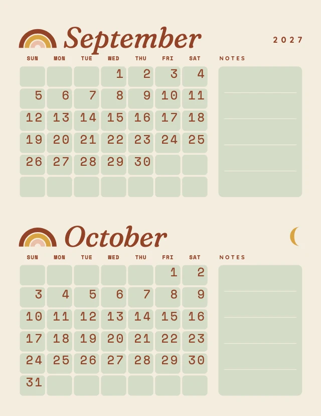 Boho 2027 calendar template, page 5 of 6