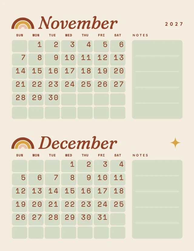 Boho 2027 calendar template, page 6 of 6