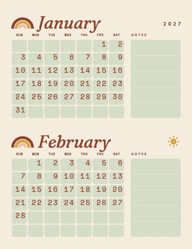 Boho 2027 calendar template