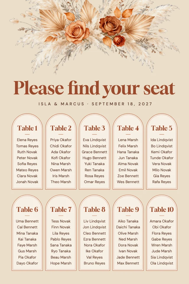 Boho wedding seating chart template