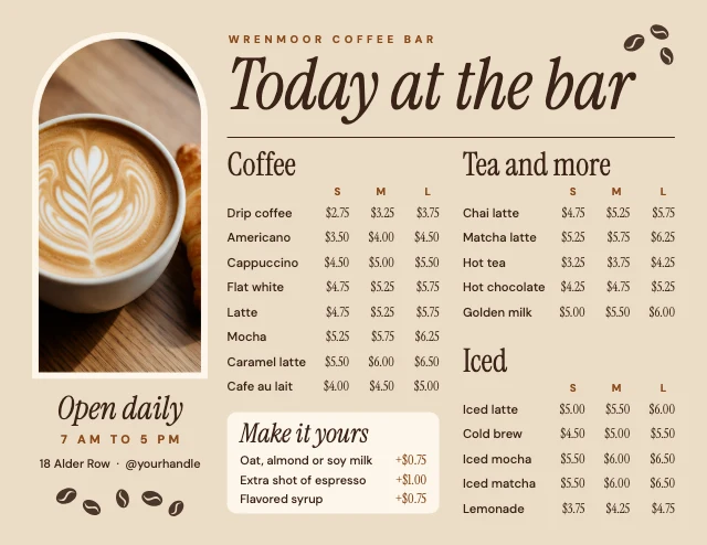 Cafe drinks menu board template
