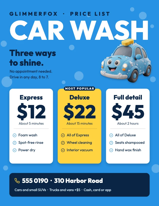 Car wash price list template