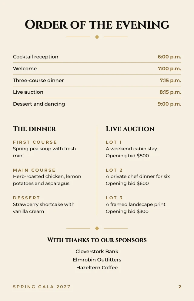 Charity gala program template, page 2 of 2