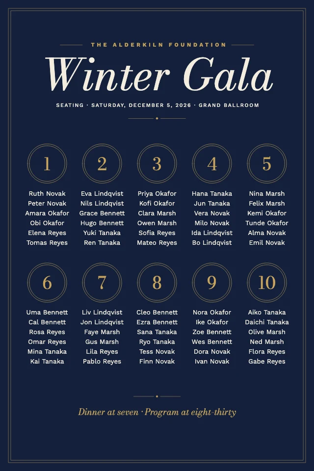 Charity gala seating chart template