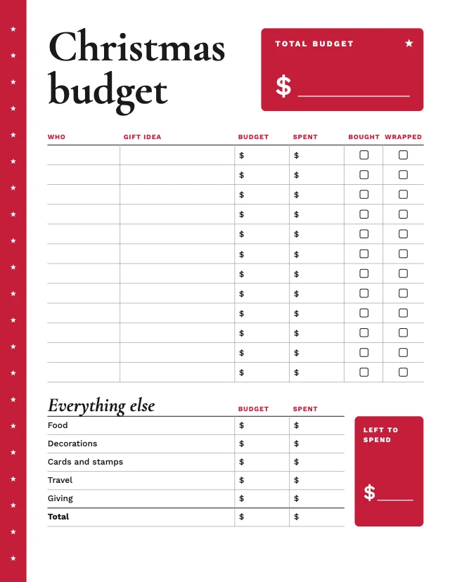 Christmas budget planner template