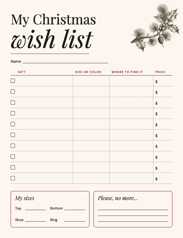 Christmas gift wish list template