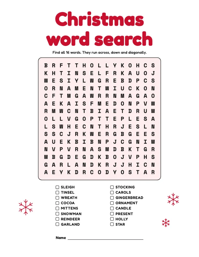 Christmas word search template
