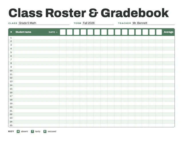 Class roster and gradebook template