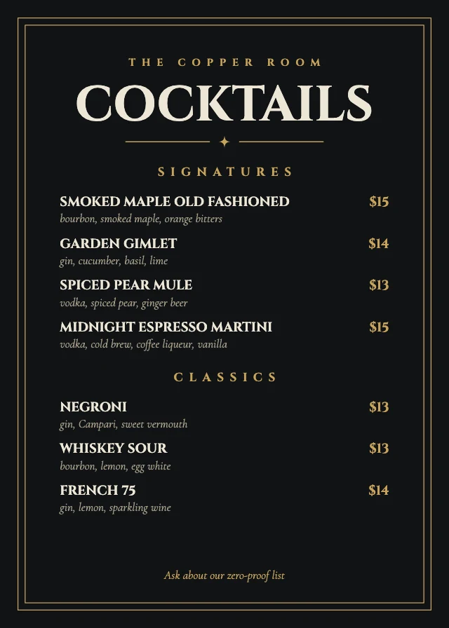 Cocktail menu template