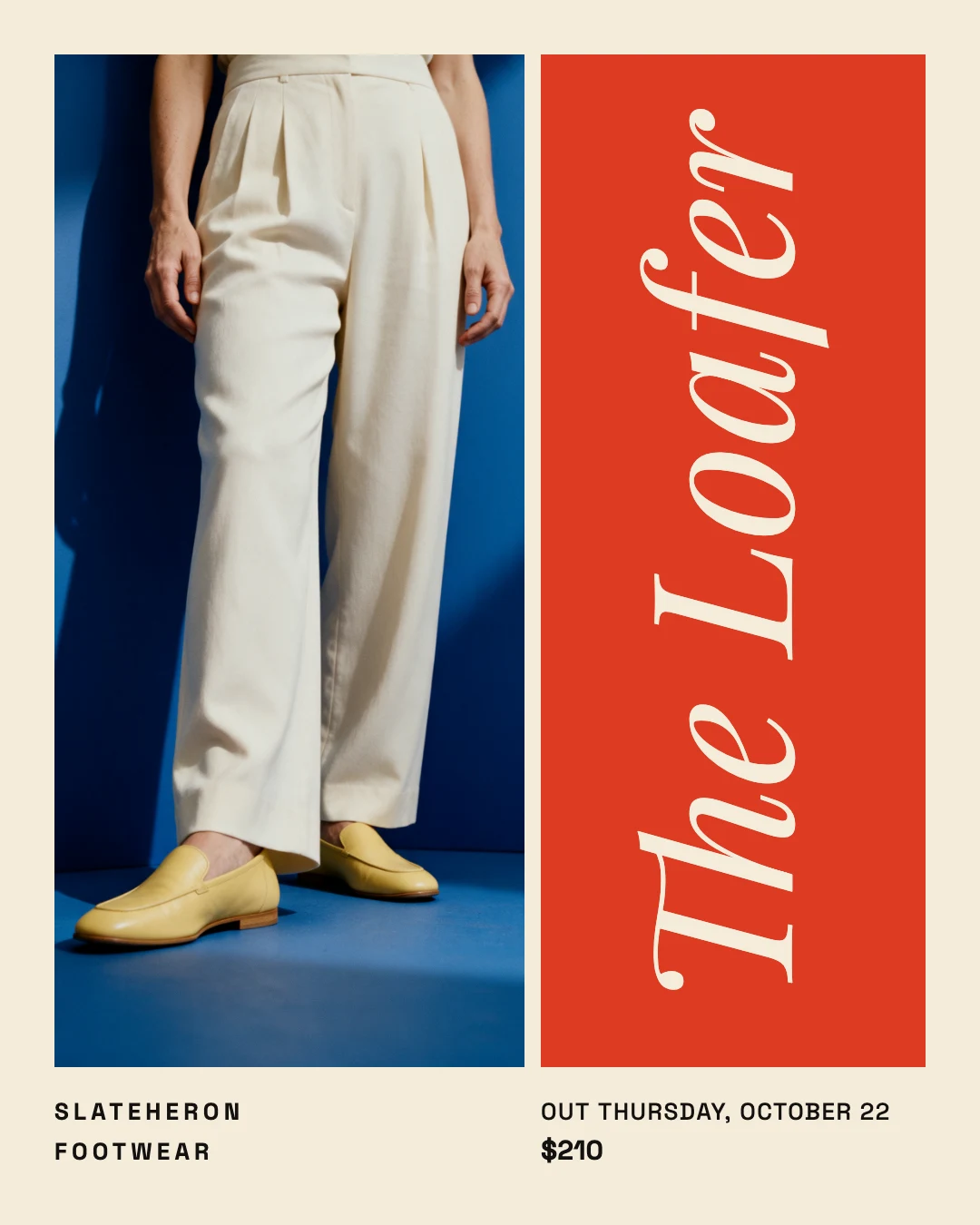 Color block shoe launch post template: A shoe launch in flat color blocks: the product photo beside a red panel with its name turned up the side, and the date and price below. An Instagram post, 1080×1350 (4:5).