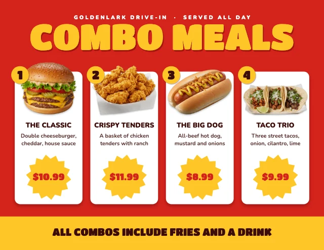 Combo meals menu board template