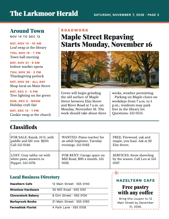Community newspaper template, page 2 of 2