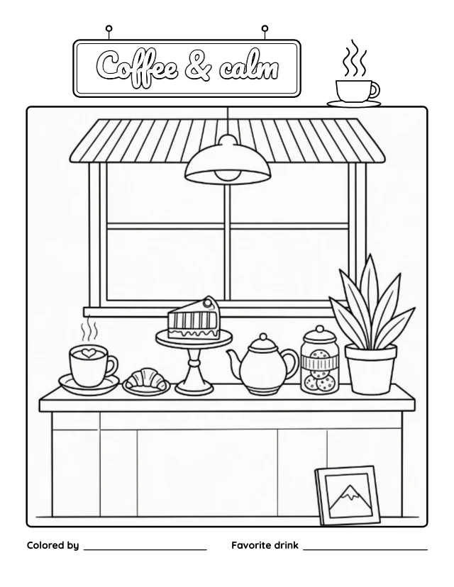 Cozy cafe coloring page template